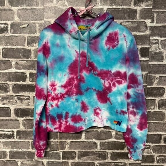 Aviator Nation Hand Dyed Pullover Crop Hoodie Tie Dye blue purple - Picture 1 of 11
